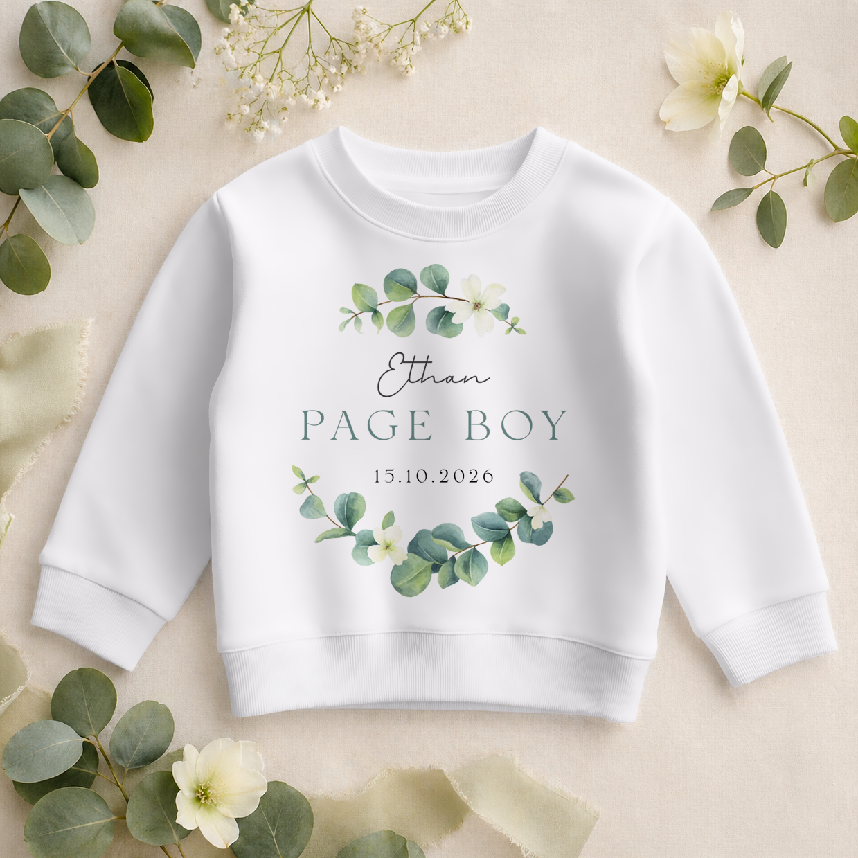 Personalised Page Boy Eucalyptus Greenery Kids Sweatshirt for Boys, with Name and Date