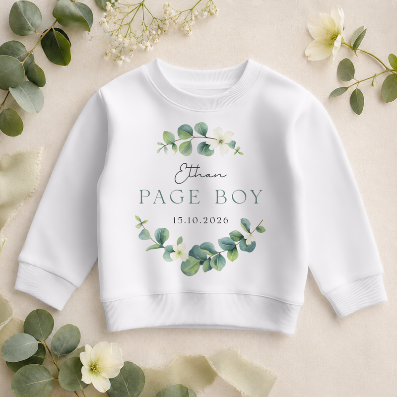 Personalised Page Boy Eucalyptus Greenery Kids Sweatshirt for Boys, with Name and Date