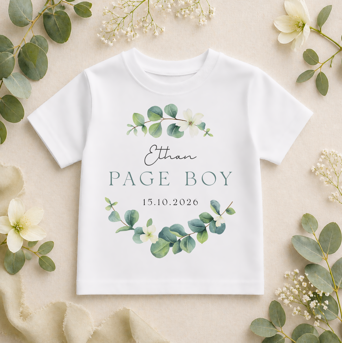 Personalised Page Boy Eucalyptus Greenery Kids T-Shirt for Boys, with Name and Date
