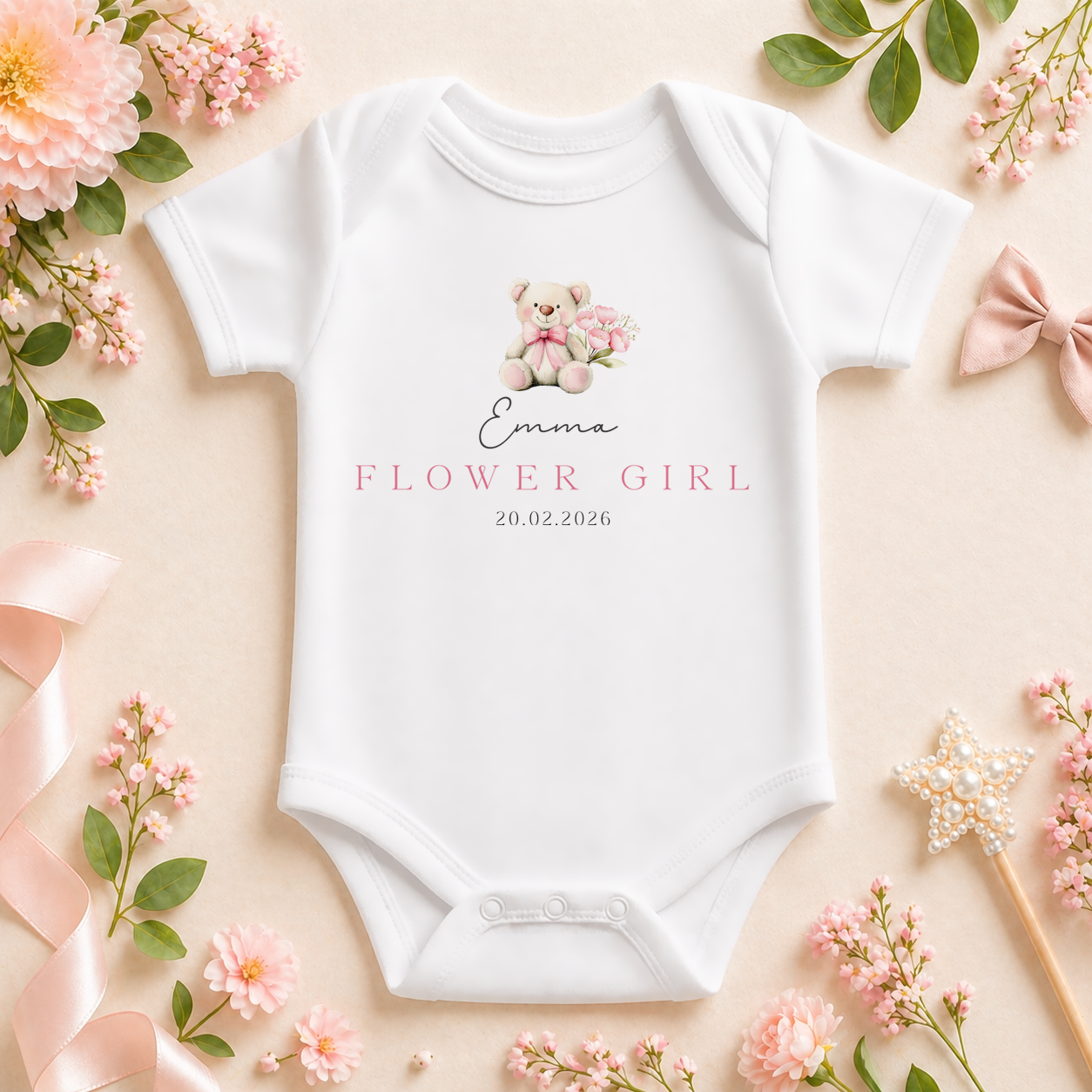 Personalised Flower Girl Teddy Bear Blush Peony Baby Vest Bodysuit for Girls, with Name and Date