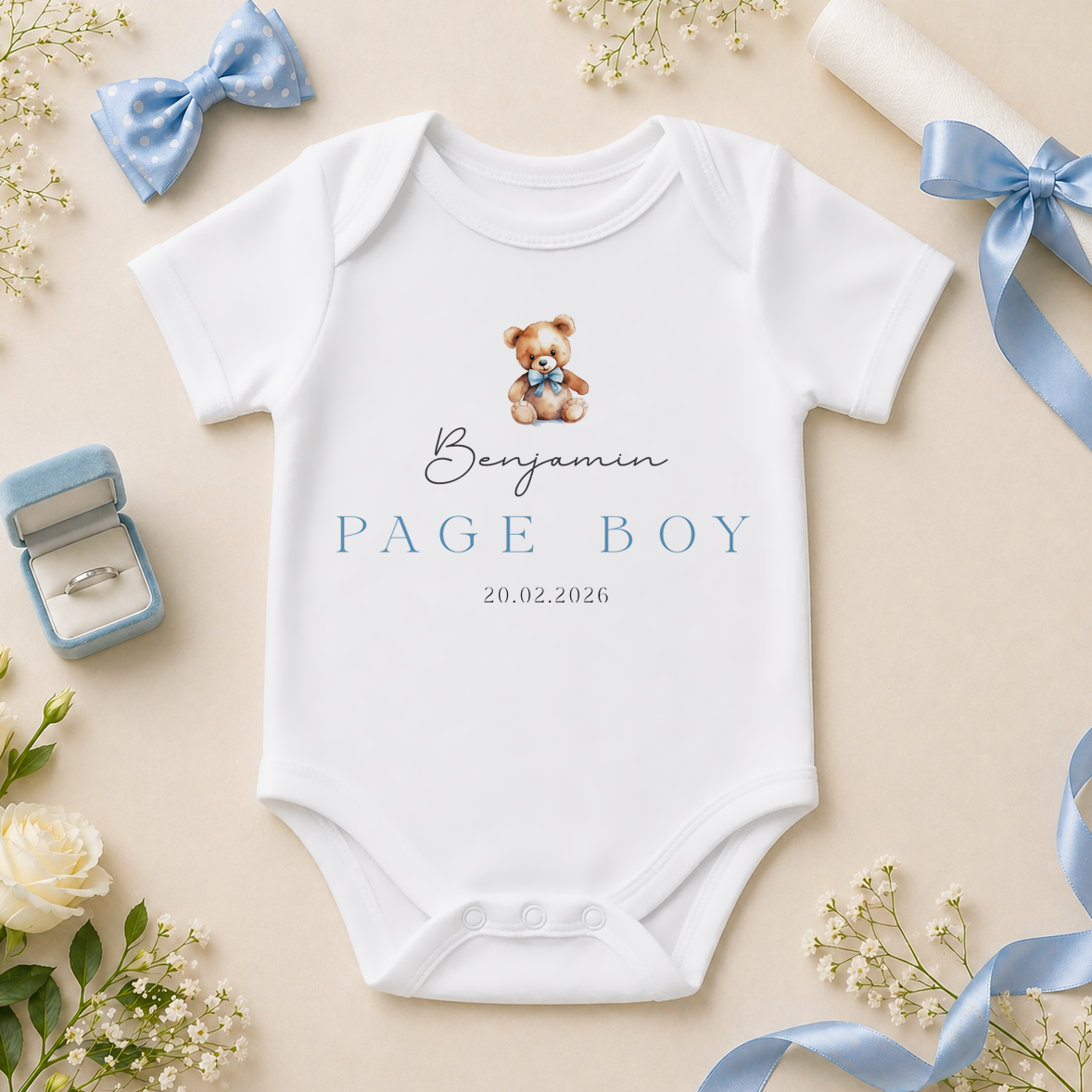 Personalised Page Boy Teddy Bear Blue Heart Baby Vest Bodysuit for Boys, with Name and Date