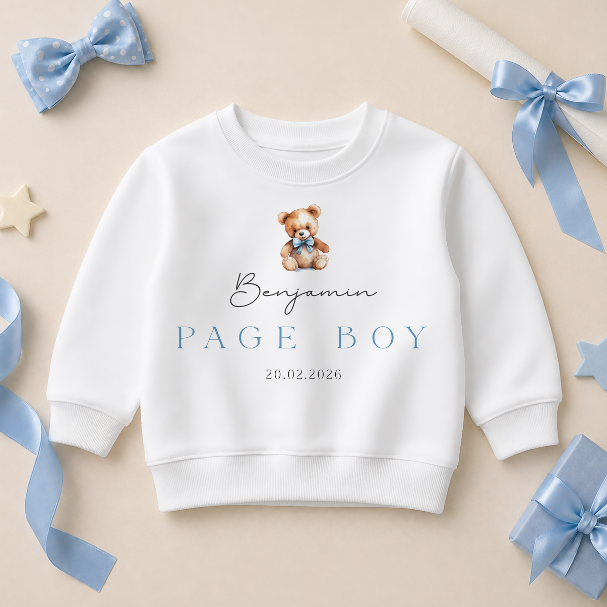 Personalised Page Boy Teddy Bear Blue Heart Kids Sweatshirt for Boys, with Name and Date