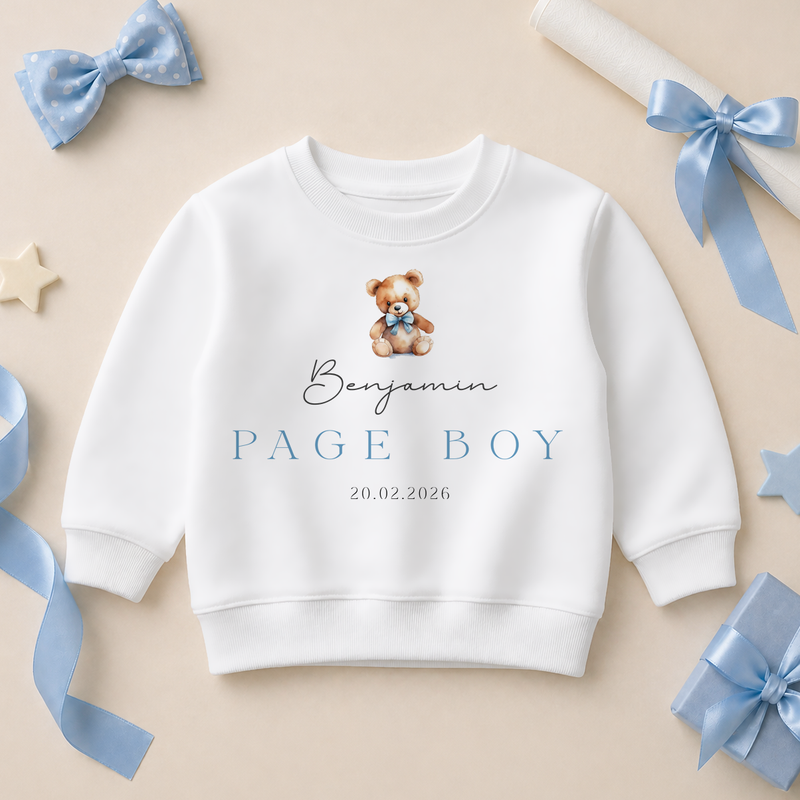 Personalised Page Boy Teddy Bear Blue Heart Kids Sweatshirt for Boys, with Name and Date