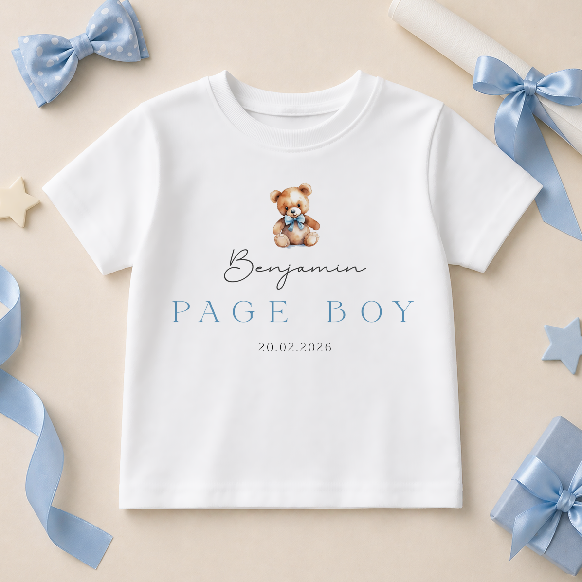 Personalised Page Boy Teddy Bear Blue Heart Kids T-Shirt for Boys, with Name and Date