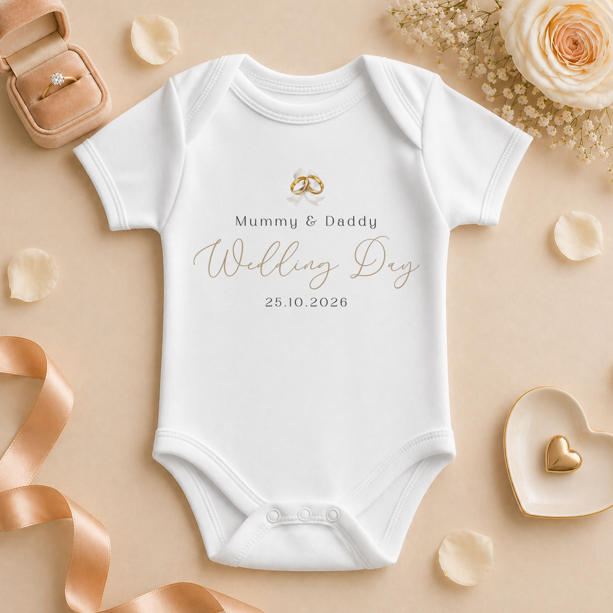 Personalised Mummy and Daddy Wedding Day Baby Vest Bodysuit, Gold Rings Keepsake with Date