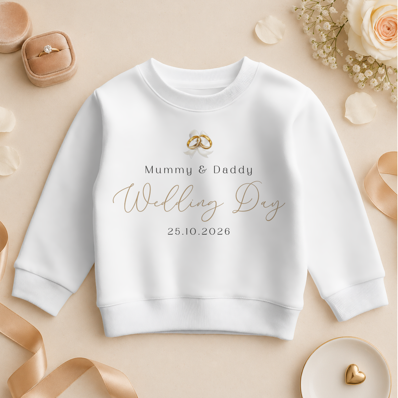 Personalised Mummy and Daddy Wedding Day Kids Sweatshirt, Gold Rings Keepsake with Date