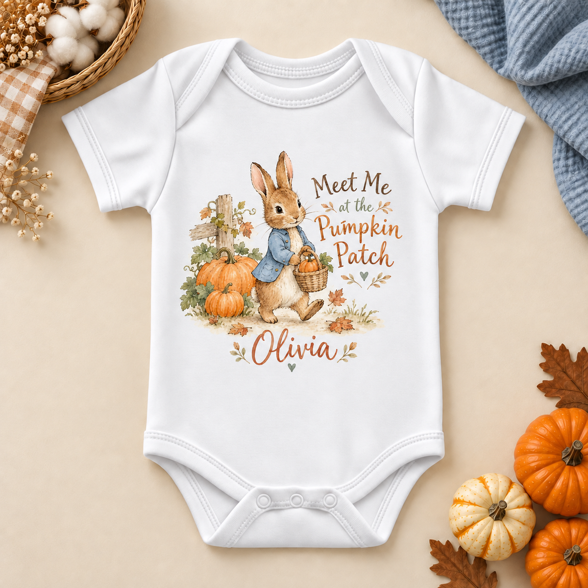 Personalised Pumpkin Patch Rabbit Baby Vest Bodysuit; personalised name shown as an example.