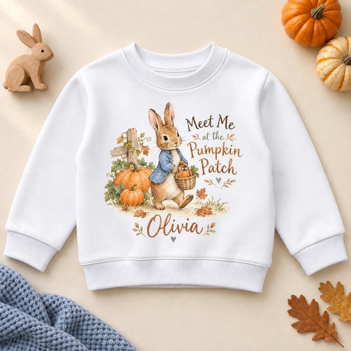 Personalised Pumpkin Patch Rabbit Sweatshirt for Kids; personalised name shown as an example.