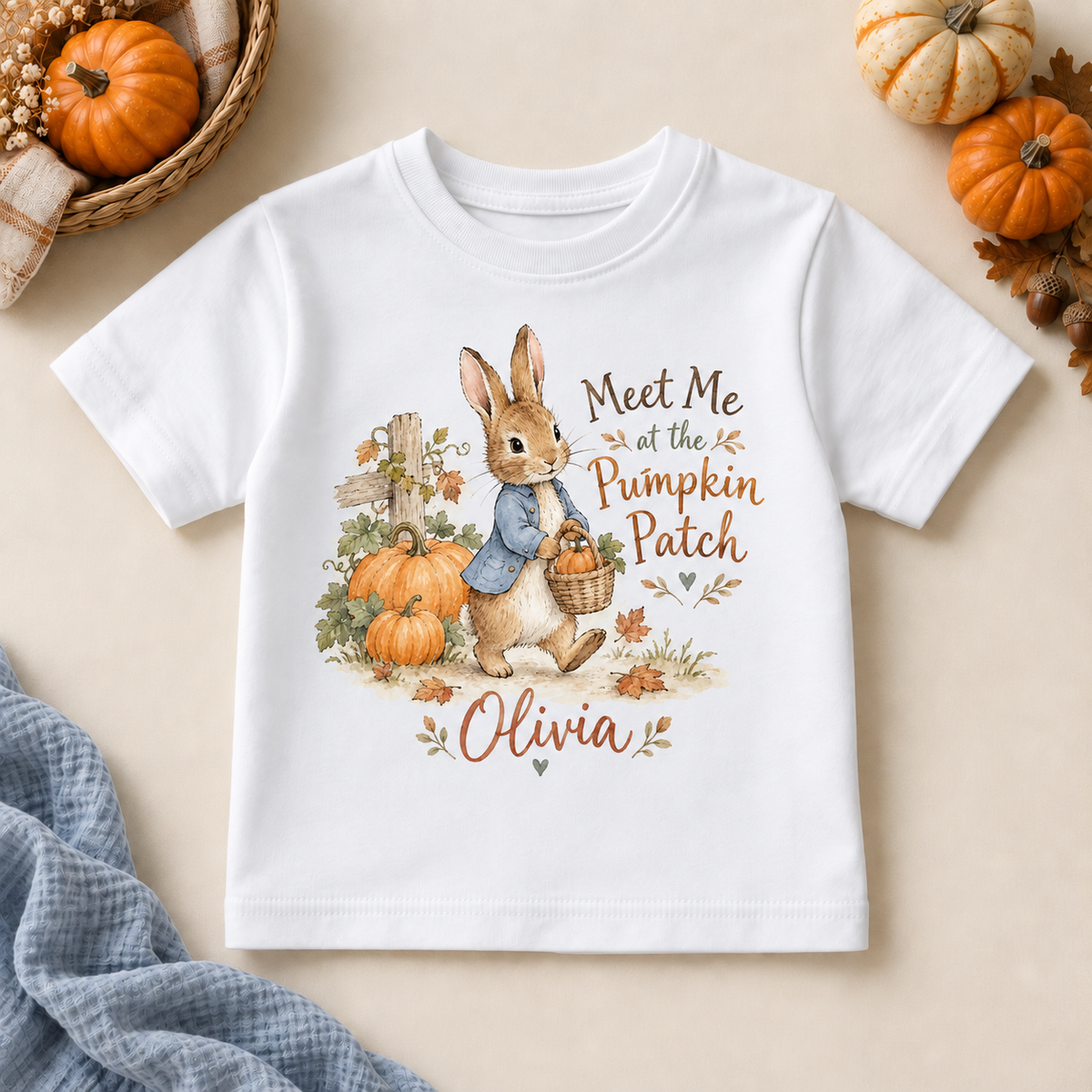 Personalised Pumpkin Patch Rabbit T-Shirt for Kids; personalised name shown as an example.