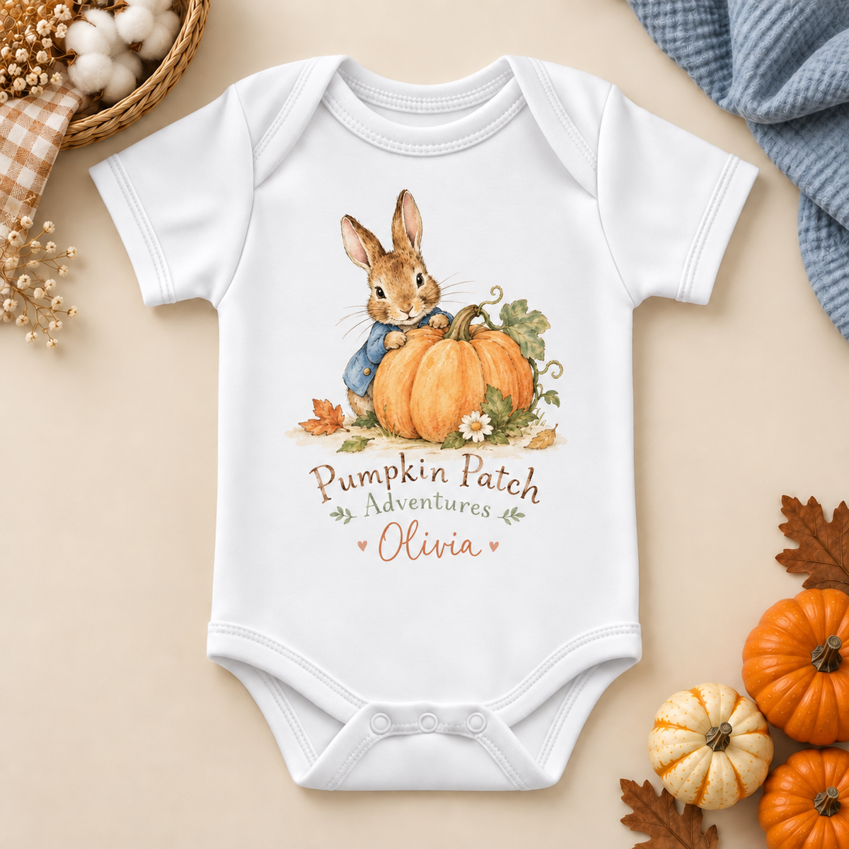 Personalised Pumpkin Patch Adventures Baby Vest Bodysuit; personalised name shown as an example.