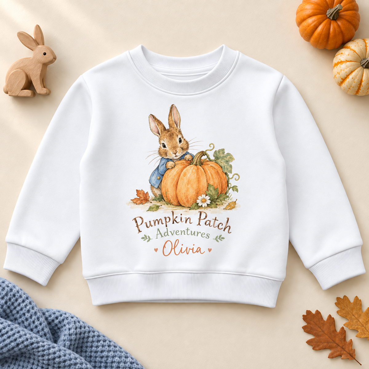 Personalised Pumpkin Patch Adventures Sweatshirt for Kids; personalised name shown as an example.