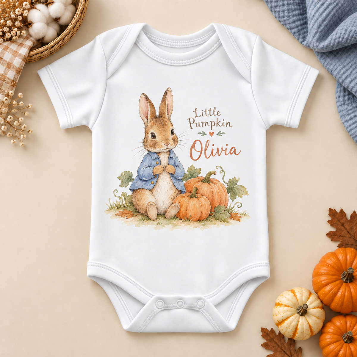 Personalised Little Pumpkin Rabbit Baby Vest Bodysuit; personalised name shown as an example.