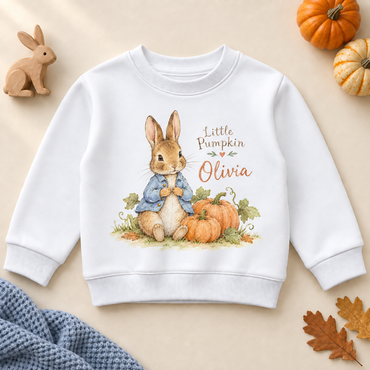 Personalised Little Pumpkin Rabbit Sweatshirt for Kids; personalised name shown as an example.