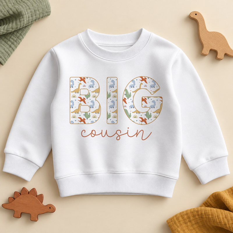 Big cousin dino sweatshirt with BIG in capital letters filled with a cartoon dinosaur and rainbow print and cousin in terracotta script on a white crew neck sweatshirt