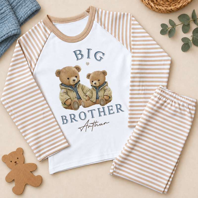 Personalised Big Brother beige striped cotton pyjama set with two teddy bears in tan jackets and the example name Arthur.