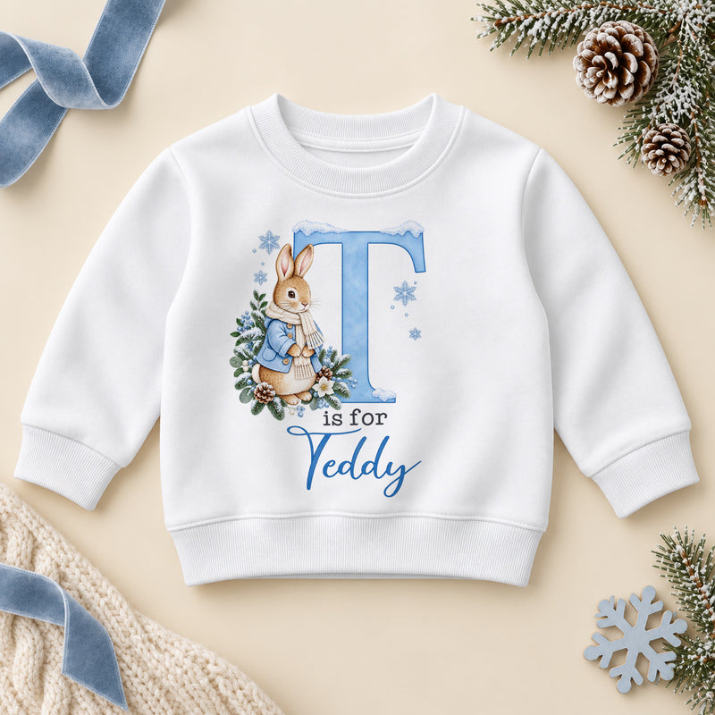 Personalised Kids Blue Initial Winter Bunny Sweatshirt for Boys with Name; example name shown.