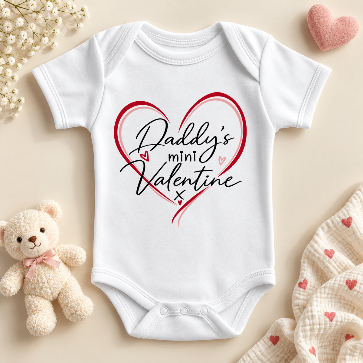 Daddy's mini valentine baby bodysuit: a white baby vest with black script inside a red and pink outlined heart with tiny hearts