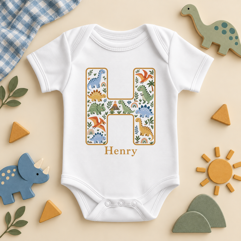 White short sleeve baby bodysuit with a mustard outlined initial H full of friendly dino characters, a little volcano and rainbows, with the example name Henry.