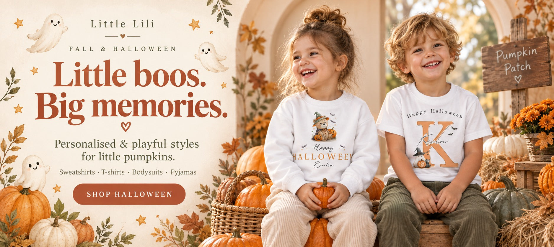 Little boos. Big memories. Personalised and playful styles for little pumpkins. Sweatshirts, T-shirts, bodysuits and pyjamas. Shop Halloween.