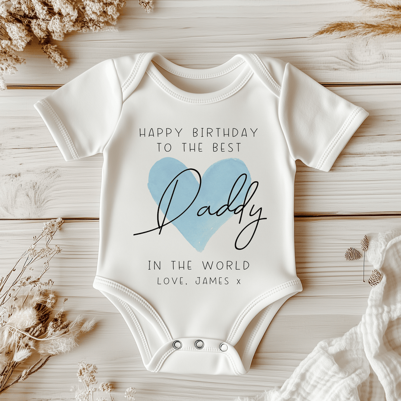 Happy Birthday Daddy Blue Heart Personalised Baby Bodysuit