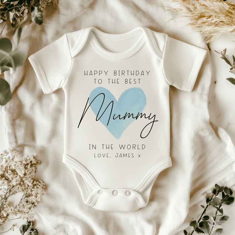 Happy Birthday Mummy Blue Heart Personalised Baby Bodysuit