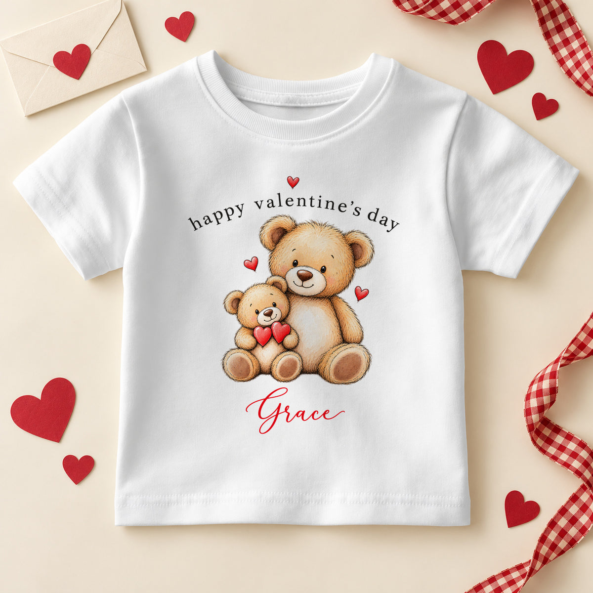 Personalised Happy Valentine's Day kids T-shirt: a white tee with two cuddling teddy bears holding red hearts, black lettering and an example name