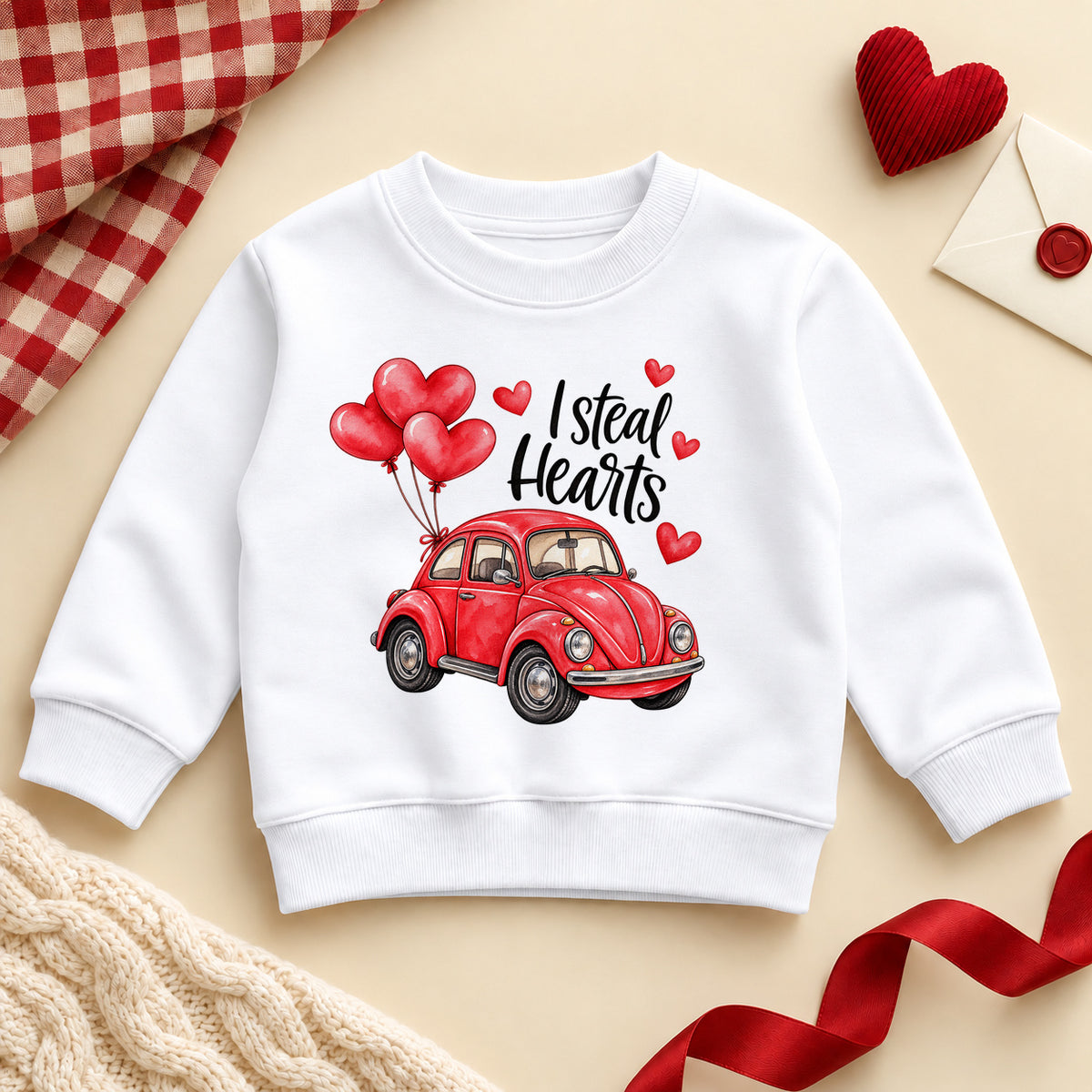 I Steal Hearts toddler sweatshirt: a white jumper with black script and a red vintage car carrying red heart balloons