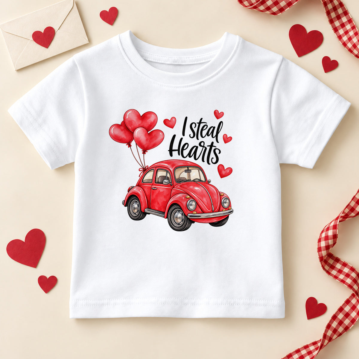 I Steal Hearts kids T-shirt: a white tee with black script and a red vintage car carrying red heart balloons