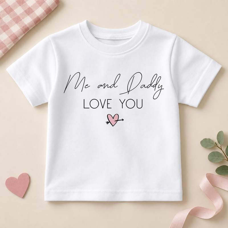 White kids T-shirt with Me and Daddy LOVE YOU in black lettering and a small pink heart crossed by an arrow.