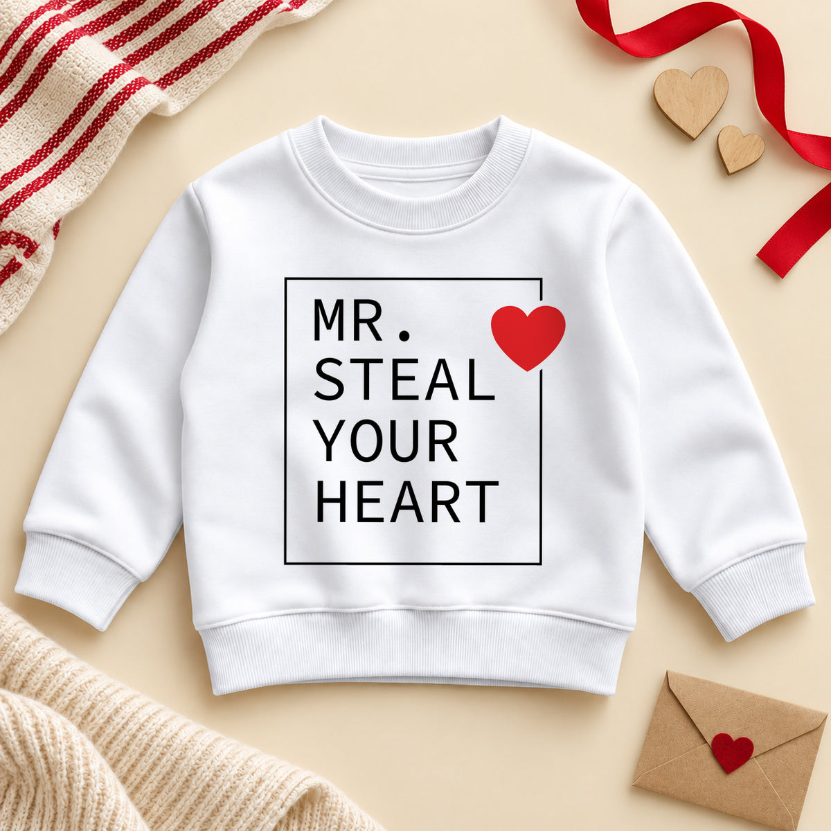 Mr Steal Your Heart toddler sweatshirt: a white jumper with bold black capitals in a thin square frame and a red heart on the corner