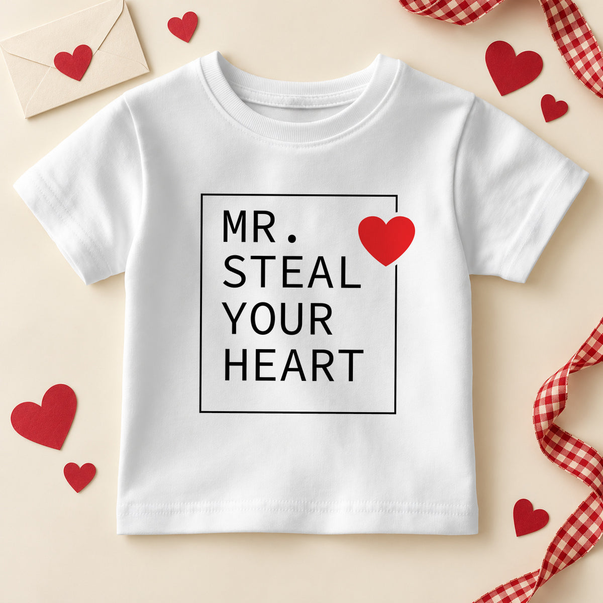 Mr Steal Your Heart kids T-shirt: a white tee with bold black capitals in a thin square frame and a red heart on the corner