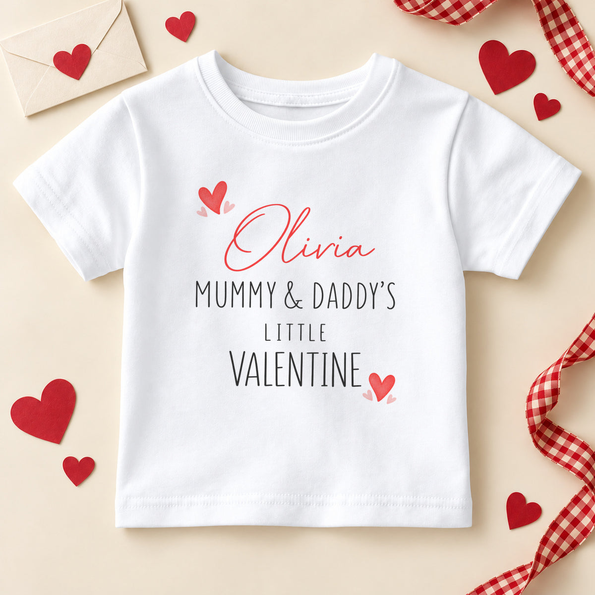 Personalised Mummy and Daddy's little valentine kids T-shirt: a white tee with an example name in red script, black capitals and little red hearts
