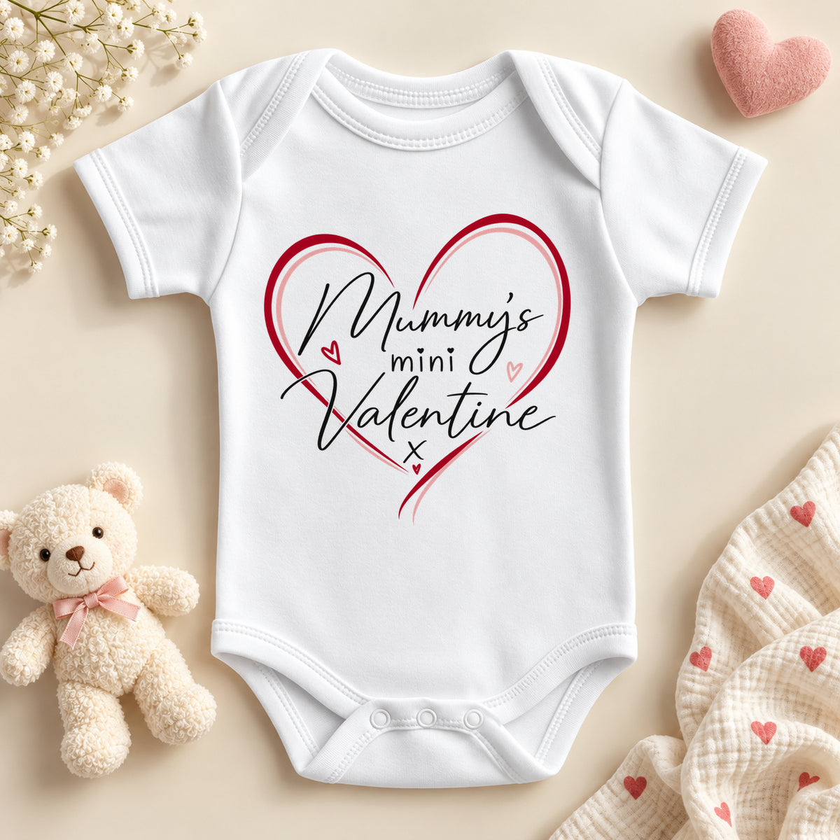 Mummy's mini valentine baby bodysuit: a white baby vest with black script inside a red and pink outlined heart with tiny hearts