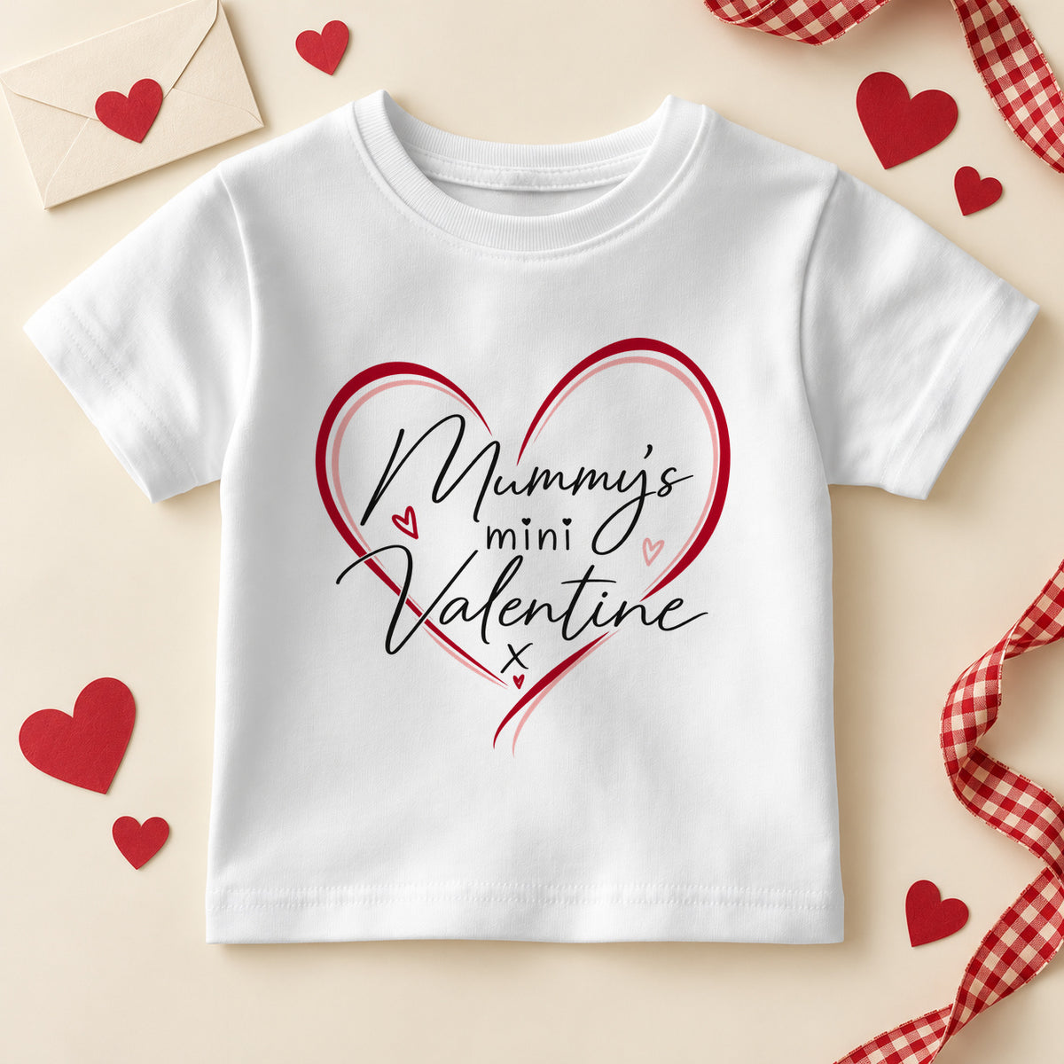 Mummy's mini valentine kids T-shirt: a white tee with black script inside a red and pink outlined heart with tiny hearts