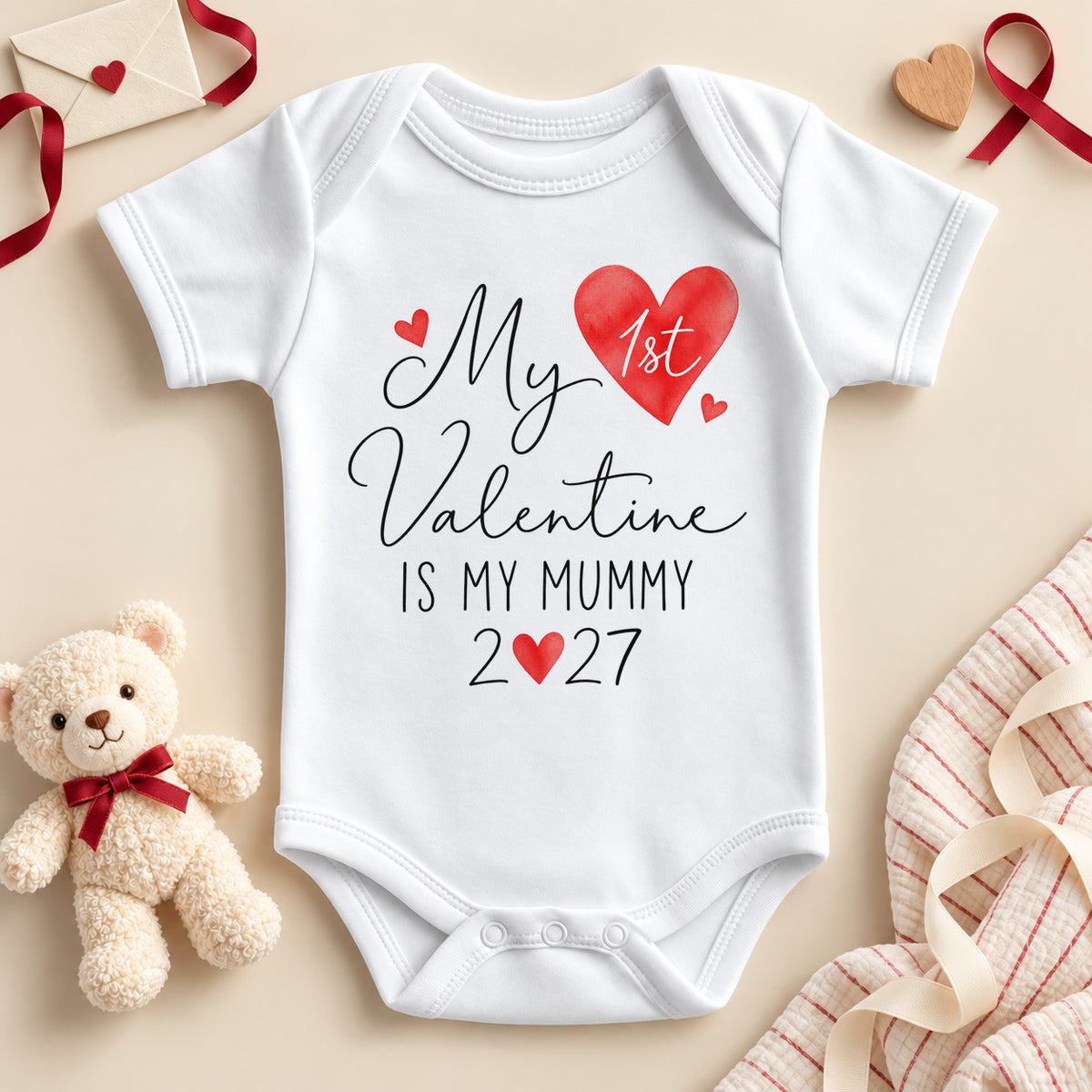 My 1st Valentine is my Mummy baby bodysuit: a white baby vest with black script, 1st in a watercolour red heart and the year with a little heart for the zero