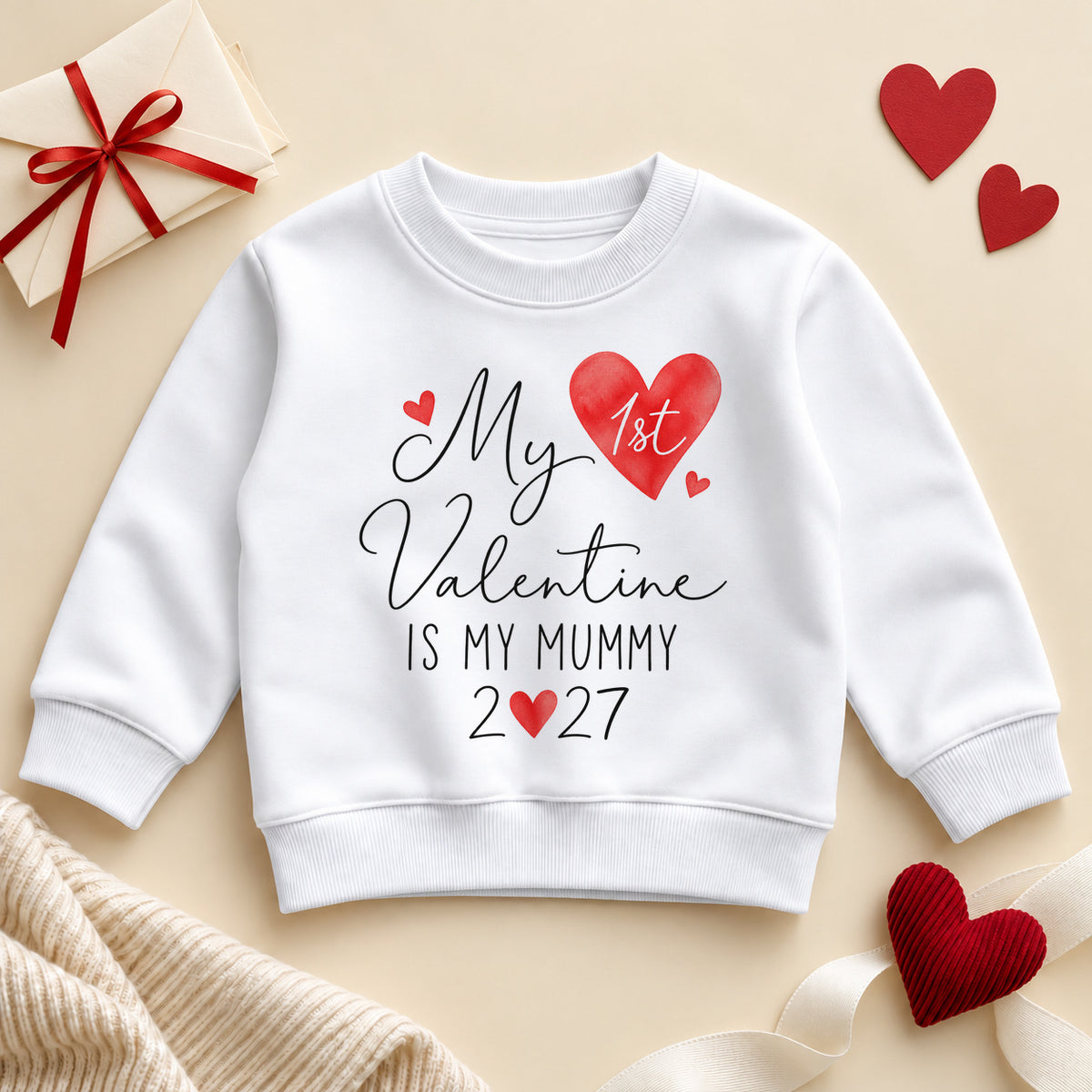 My 1st Valentine is my Mummy toddler sweatshirt: a white jumper with black script, 1st in a watercolour red heart and the year with a heart for the zero