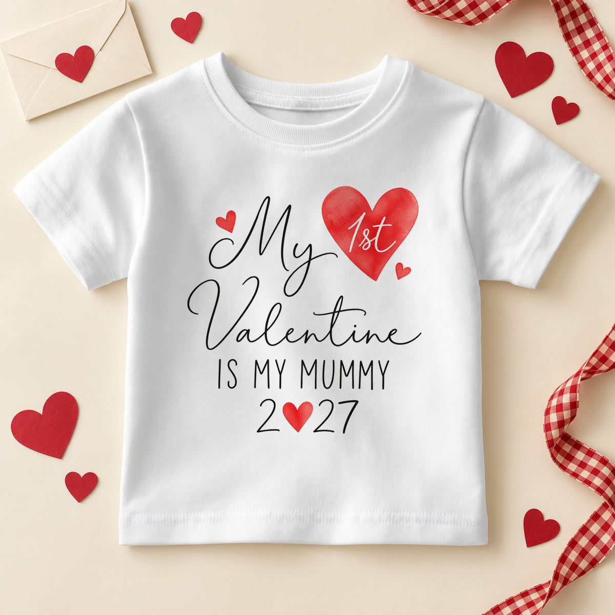 My 1st Valentine is my Mummy kids T-shirt: a white tee with black script, 1st in a watercolour red heart and the year with a heart for the zero