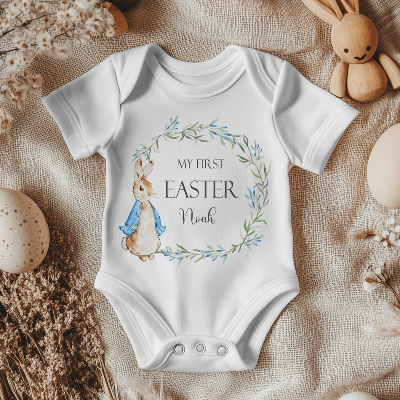 My First Easter Peter Rabbit Inspired Wreath (Boy) Personalised Baby Bodysuit - Little Lili Store