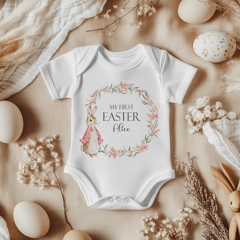 My First Easter Peter Rabbit Inspired Wreath (Girl) Personalised Baby Bodysuit - Little Lili Store
