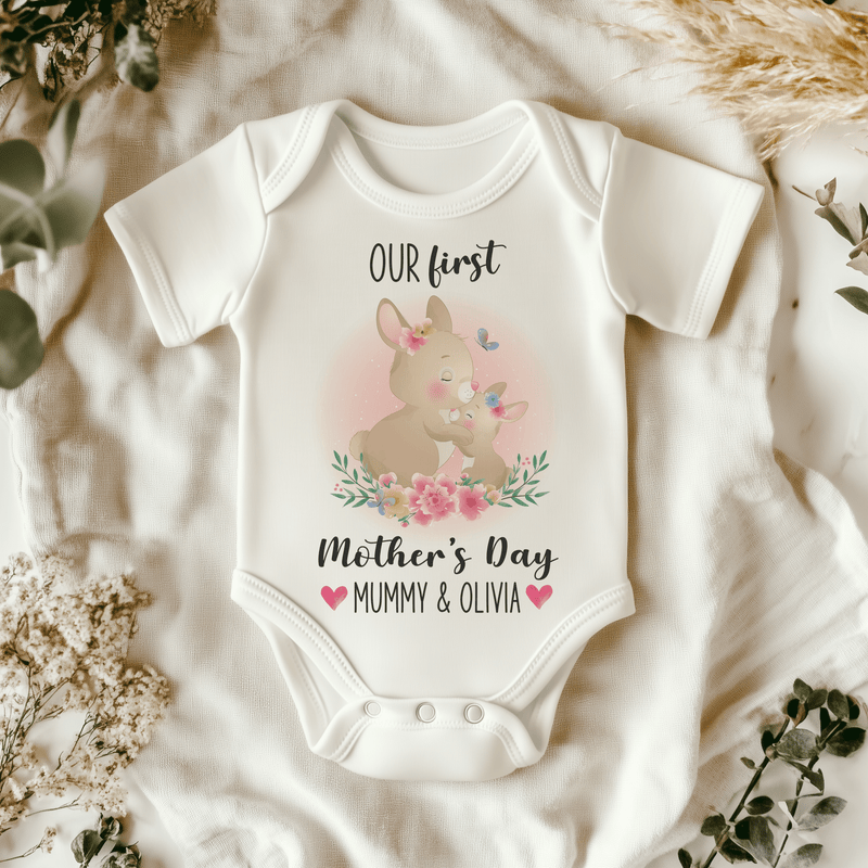 Our First Mother's Day Cute Bunnies Personalised Baby Bodysuit - Little Lili Store