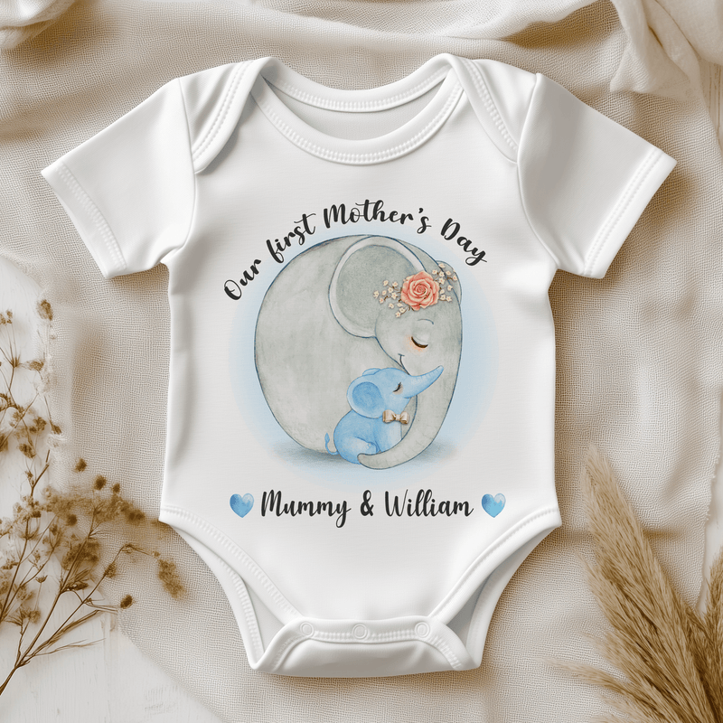 Our First Mother's Day Elephants Boy Personalised Baby Bodysuit - Little Lili Store
