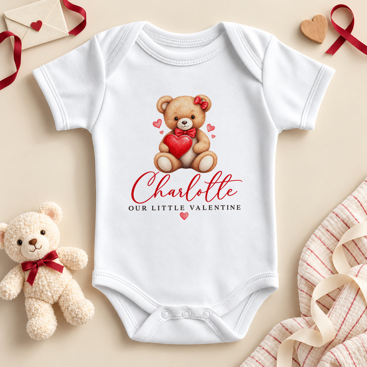 Personalised Our Little Valentine baby bodysuit: a white baby vest with a teddy bear in a red bow hugging a big red heart and an example name in red script
