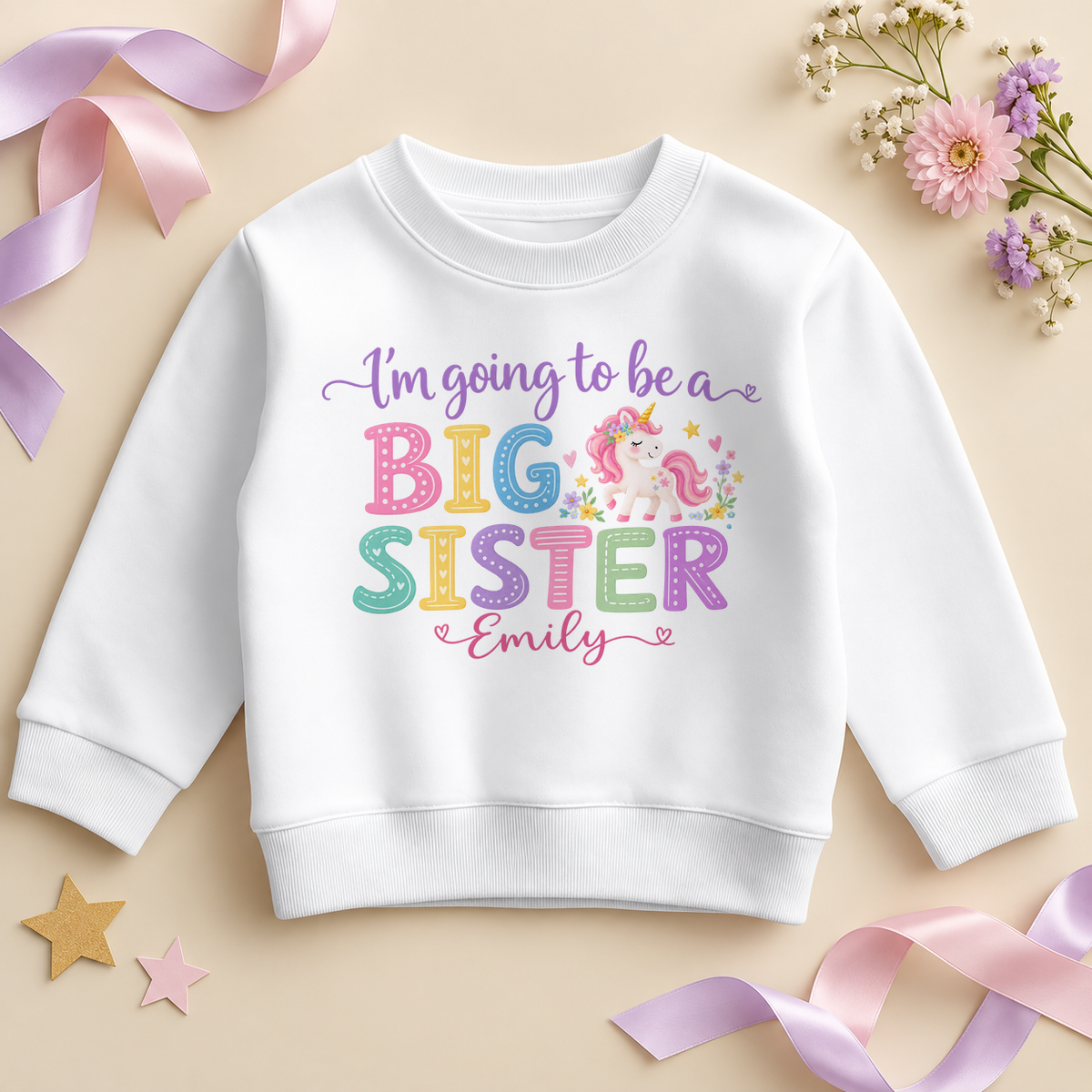 White kids sweatshirt printed with I’m going to be a BIG SISTER in pastel letters, a pink-maned unicorn with flowers and stars, and an example name in pink script.