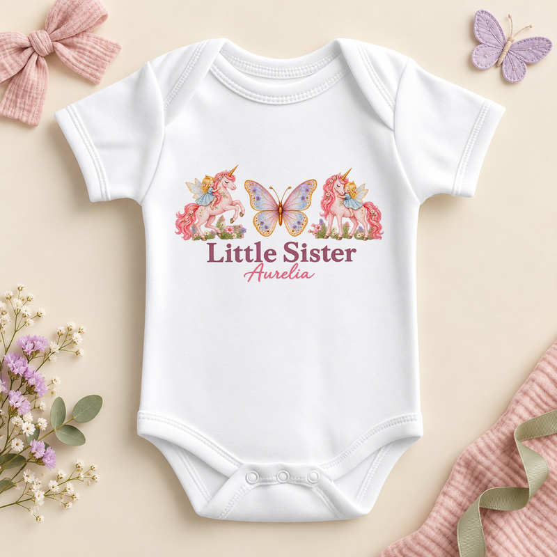 White short-sleeved baby bodysuit printed with two pink unicorns with golden horns, each carrying a little fairy, either side of a pastel butterfly, with Little Sister in mauve letters and an example name in pink script underneath.