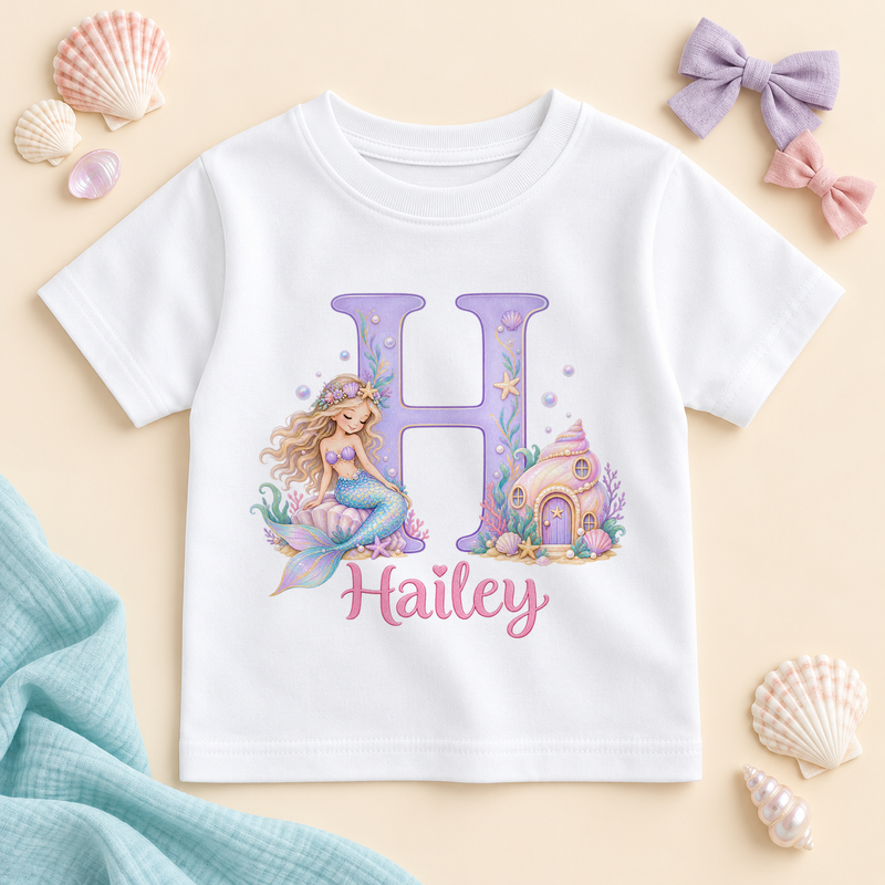White kids T-shirt printed with a large lilac initial, a smiling mermaid with golden hair and an aqua tail sitting on a shell, a pastel seashell house with a lilac door, and an example name in pink script.