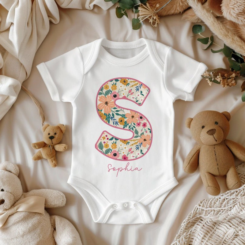 Personalised Name Floral Pattern Baby Bodysuit - Little Lili Store