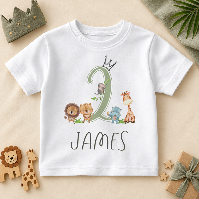 Personalised white second birthday kids T-shirt with a sage green number two, crown, safari animals and James example name, styled on a cream surface.