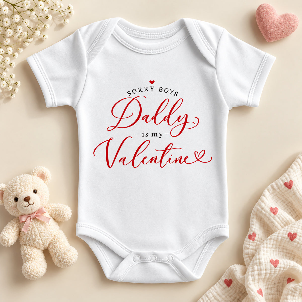 Sorry boys Daddy is my valentine baby bodysuit: a white baby vest with small black capitals, red script and little red hearts