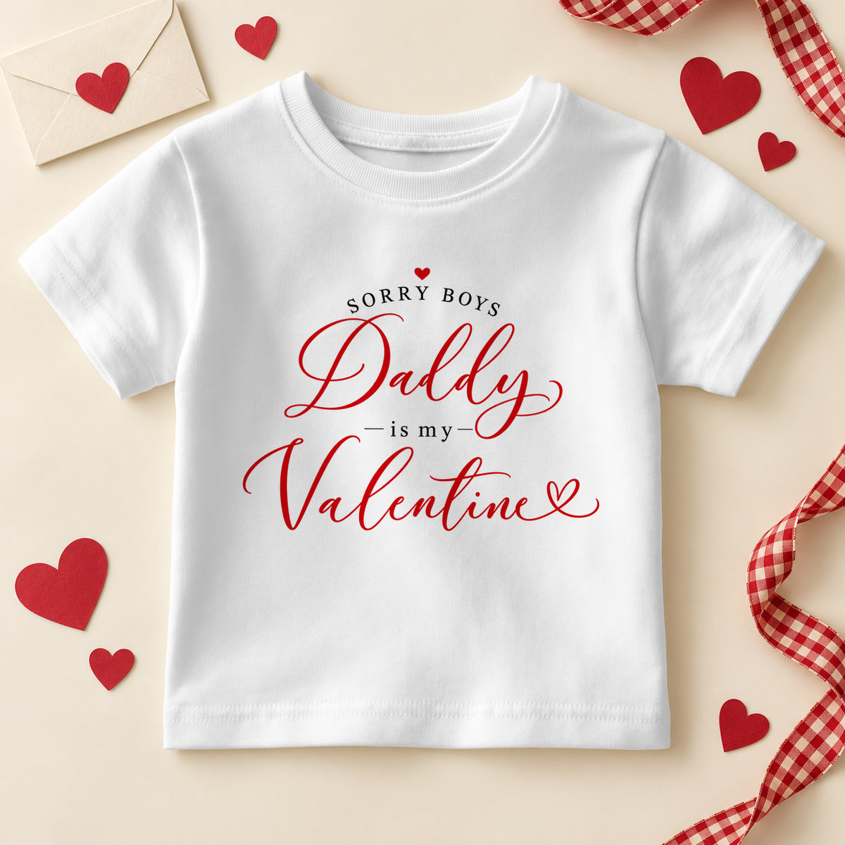 Sorry boys Daddy is my valentine kids T-shirt: a white tee with small black capitals, red script and little red hearts