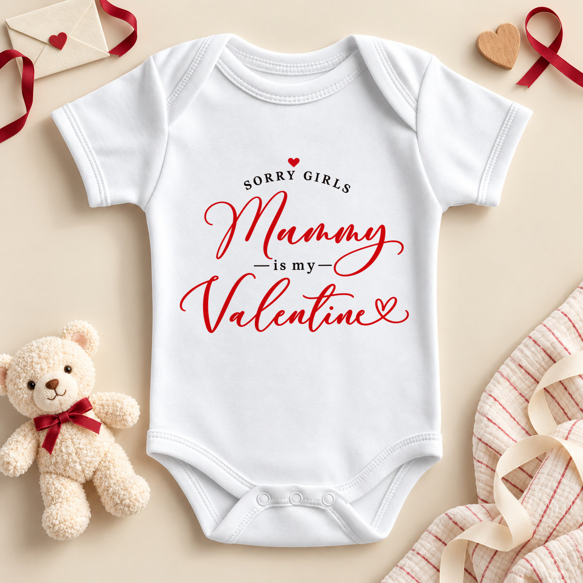 Sorry girls Mummy is my valentine baby bodysuit: a white baby vest with small black capitals, red script and little red hearts